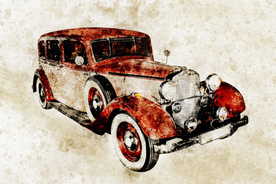 1933 Vintage Road Classic Luxury Automobile Car Illustration - Early Pre-War Automotive Elegance