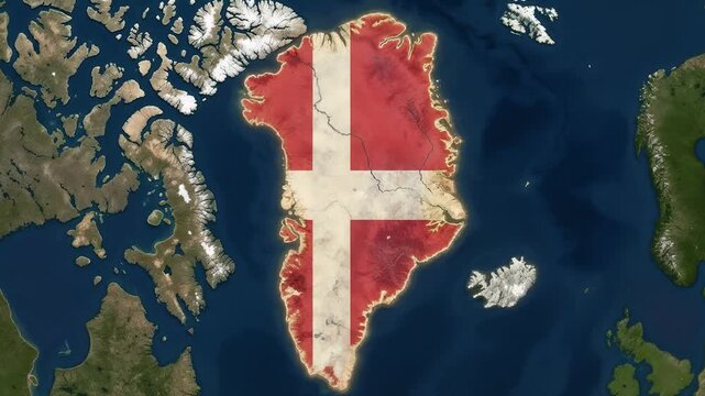 Danish and American flag overlay on Greenland map showing US territorial expansion interest over Arctic region concept.	