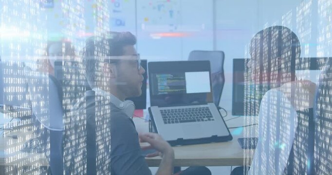 Male dev leaning, pointing at laptop, typing seeing code, debugging with code rain overlay in tech