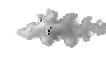 A dynamic explosion of fine white powder frozen in mid-air against a stark black background with dramatic side lighting and copy space Concept of abstract power and motion