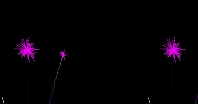 Firework row across frame launching projectile detonating cyan bloom flaring magenta bursts for VFX