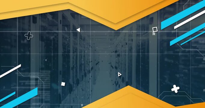 Yellow chevrons sliding in, HUD elements drifting, revealing central server corridor to show data