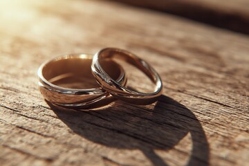 Golden Wedding Rings Macro On Rustic Wood Sunlight