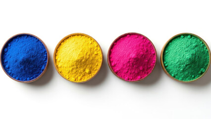 Four bowls of colored powder arranged in a row on a white surface.