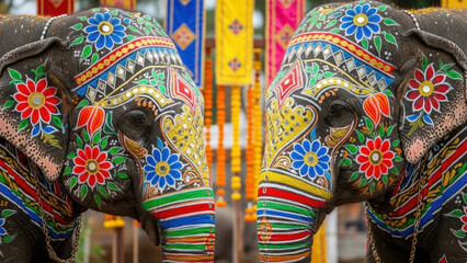 Two elephants decorated with colorful floral and geometric patterns in a festive setting.