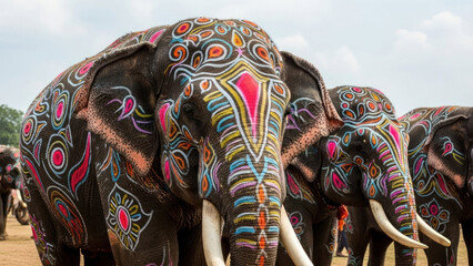 Group of elephants with colorful painted patterns on their bodies.