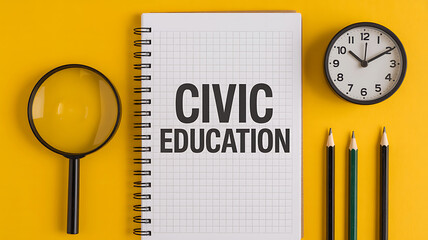 Civic education concept with magnifying glass clock and pencils learning school study notebook time organization knowledge skill development growth student teacher