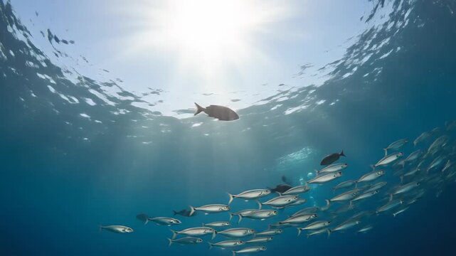 Underwater Scene Featuring School of Fish Swimming in Clear Ocean Water.