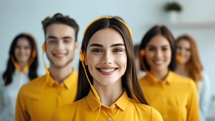 Confident Customer Support Team: A team of smiling customer service representatives, each donned in bright yellow attire and headsets, project a warm atmosphere of assistance and approachability. 