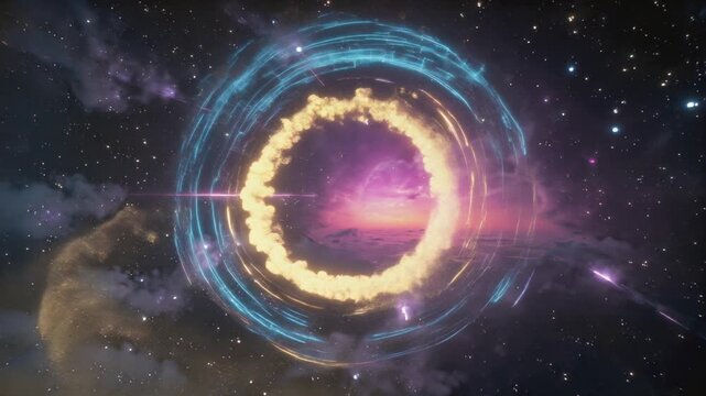 Rotating glowing portal with particles, hypnotic digital art animation for background