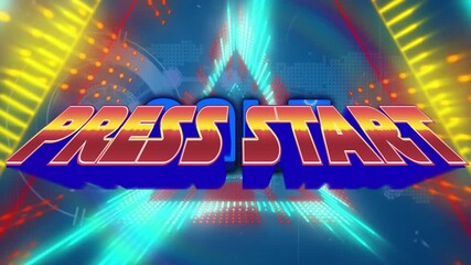 PRESS START 3D text pushing forward after color shift, forming neon tunnel for arcade intro - Powered by Adobe