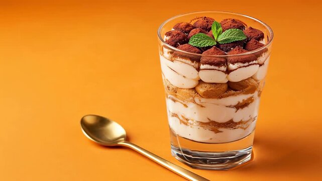Tiramisu Delight: A delightful Tiramisu creation, layered meticulously in a clear glass, inviting indulgence. A golden spoon sits ready, promising a taste of this classic dessert.