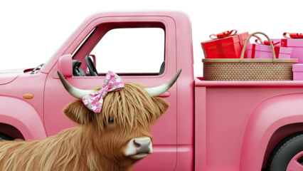 Highland Cow with Pink Truck and Gifts