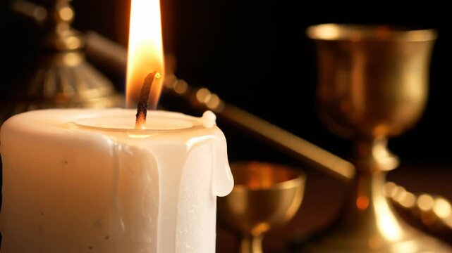 Close Up Of A Lit White Candle With Dripping Wax And Golden Chalice In The Background With Dark Moody Lighting Creates A Sacred Atmosphere