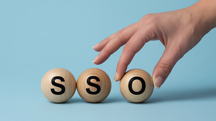 A hand placing a final ball to spell SSO on wooden alphabet balls single sign place letter code security authentication login