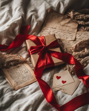 Cozy gift box with red ribbon and vintage love letters on bed sheets