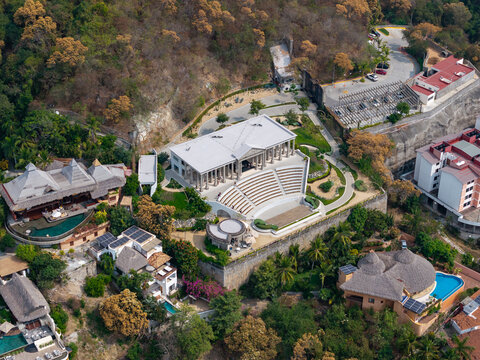 Aerial view of El Parthenon, mansion of Arturo "El Negro" Durazo in Zihuatanejo. Symbol of excess and corruption. Zihuatanejo, Guerrero, Mexico. Partenon