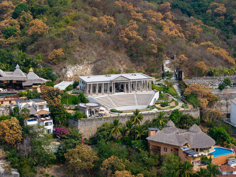 Aerial view of El Parthenon, mansion of Arturo "El Negro" Durazo in Zihuatanejo. Symbol of excess and corruption. Zihuatanejo, Guerrero, Mexico. Partenon
