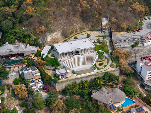Aerial view of El Parthenon, mansion of Arturo "El Negro" Durazo in Zihuatanejo. Symbol of excess and corruption. Zihuatanejo, Guerrero, Mexico. Partenon