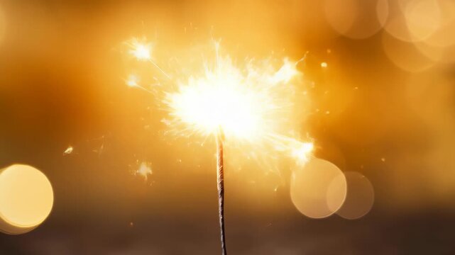 Sparkler's Golden Dance: A single sparkler, ablaze with golden light, dances against a backdrop of soft bokeh, painting a scene of celebration and joy.