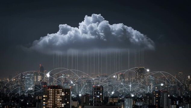 a cloud symbolizing the flow of data from various connected devices to a central server, above a cityscape at night with lights on the buildings and a dark sky, white lines connecting Generative AI
