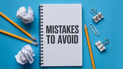 Notepad with mistakes to avoid text and office supplies on blue background notebook paper error education learning school pencils paper crumpled