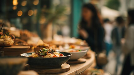 Delicious food in foreground with blurred human presence in background