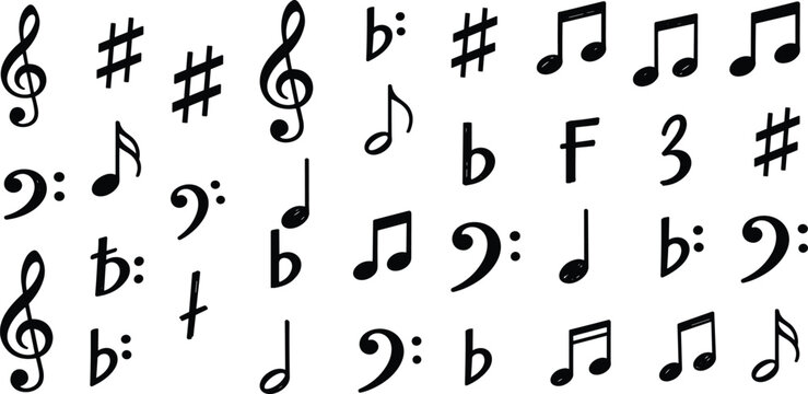Collection of Various Musical Symbols and Notes on a White Background from a Direct Viewpoint