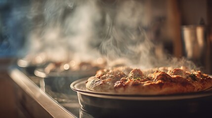 Delicious freshly cooked food resting and cooling naturally, slight steam fading