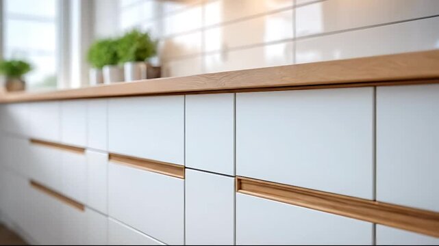 Modern kitchen cabinets with wooden handles and countertop viewed from a close angle indoors.