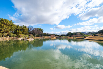 Korakuen in Okayama, Japan. It is a traditional Japanese Garden. It is one of the Three Great Gardens of Japan built in 1700s