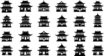 Obraz premium sillouette Various architectural structures, including traditional houses and pagodas icons set design 