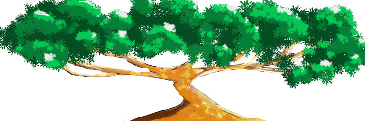 Illustration of a tree with lush green leaves and sprawling branches against a cloudy sky