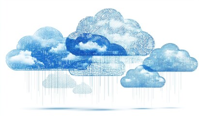 a digital illustration of cloud computing with blue clouds and a white background represent the concept of virtualized data storage in cyberspace Generative AI