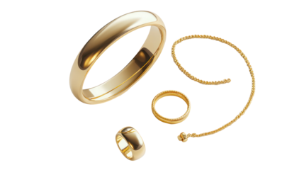 Golden wedding rings and necklace set, isolated on transparent background