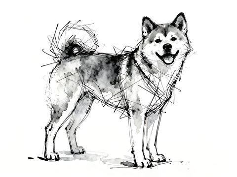 Minimalist abstract sketch series : happy Akita, isolated studio portrait of a canine pet in pure white background 007
