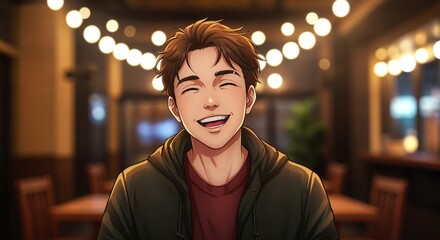 Joyful Portrait: A smiling person radiates warmth and happiness against a backdrop of soft bokeh lights. Capturing moments of pure contentment and genuine smiles.