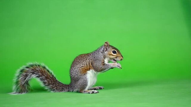 Cute Gray Squirrel Foraging: Eating a Nut and Then Running Away Playfully on a Green Screen for Wildlife Chroma Key Projects