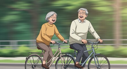 Obraz premium Joyful Ride of a Lifetime: An elderly couple shares a tender moment as they cycle together along a picturesque path, enjoying the freedom and companionship of a shared adventure.