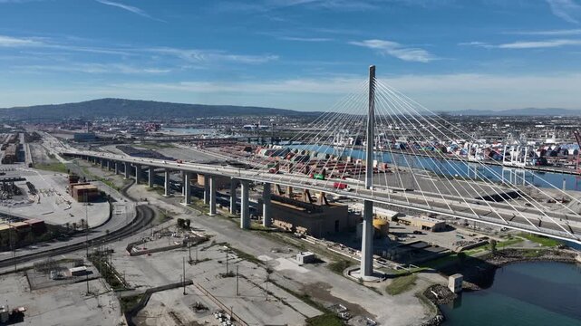 San Pedro, California, USA - Aerial View of Long Beach International Gateway Bridge Next to Terminal Island, CA at Port