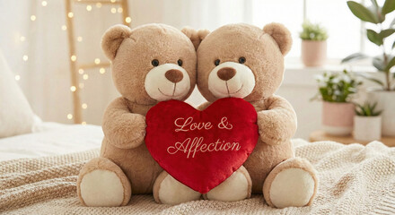 Two Teddy Bears Holding Heart Together.
