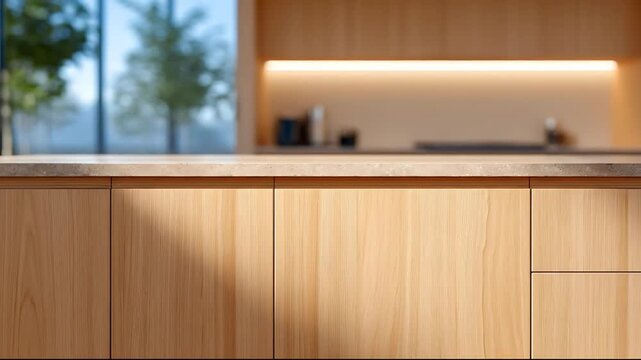 Modern kitchen interior with sleek wooden cabinets and countertop viewed from a low angle with sunlight casting shadows on the surface and trees visible through the window