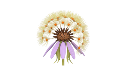 Close-up of a stylized dandelion seed head with purple petals