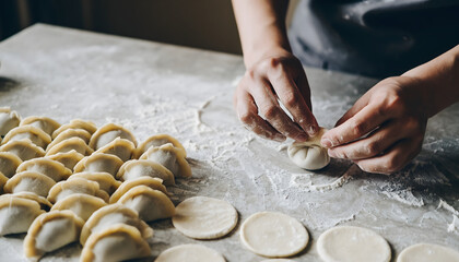 Fresh raw dumplings being delicately folded by hand on a flour-dusted kitchen surface, perfect for food recipes, culinary blogs, restaurant advertising, or cooking instruction materials