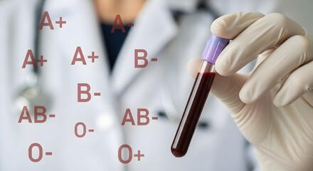 Blood Sample Medical professional holding blood sample with blood type chart in background