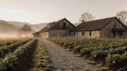 Misty Morning on a Rural Farm with Stone Buildings and Lush Fields.