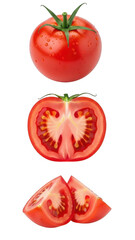 Fototapeta premium Red ripe tomato shown whole, halved and in wedges, isolated subject for recipe layouts
