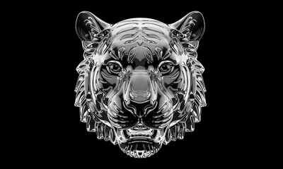 Stunning metallic tiger head sculpture with intricate details on black background