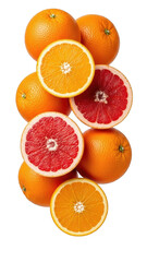 Selection of whole and sliced oranges and grapefruits, PNG with alpha channel