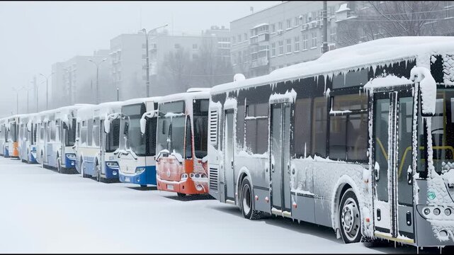 Buses covered in snow on a cold winter day transportation concept